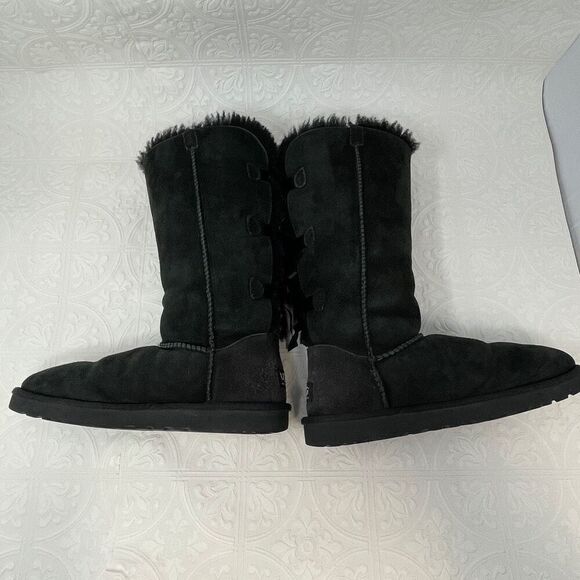 UGG Black Bailey Bow II 2 Suede Lace Up Slip On Knee High Tall Boots Size 7 - Picture 2 of 6